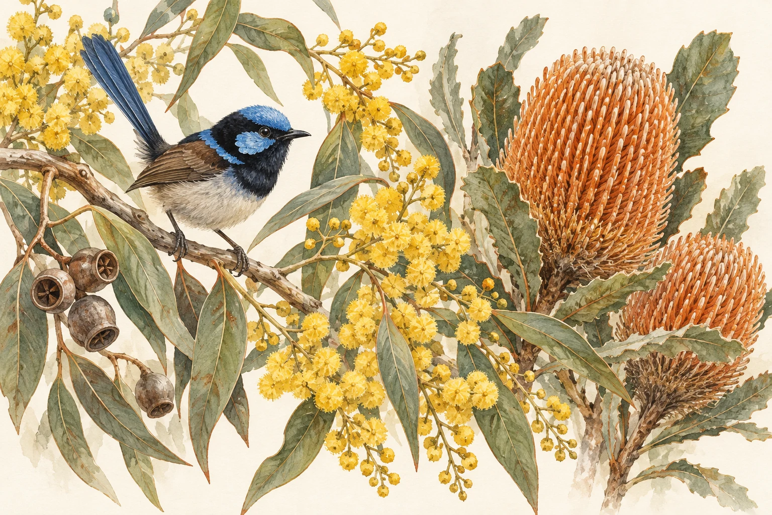 Golden wattle, orange banksia and eucalyptus with a blue superb fairy-wren
