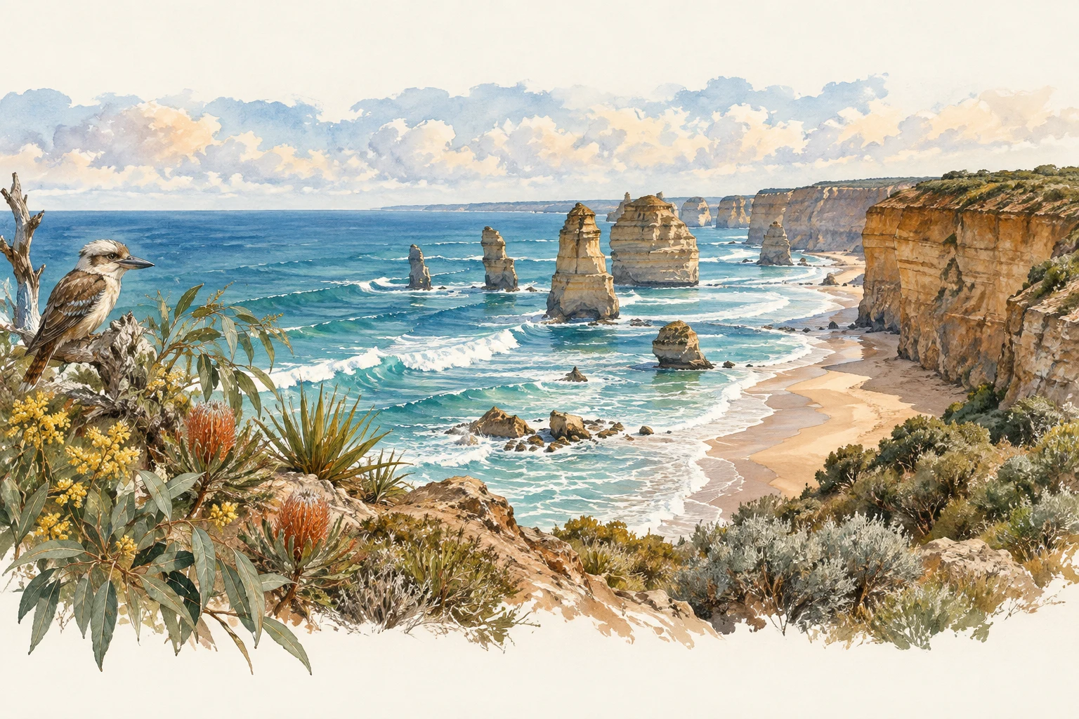 Watercolor Australian coastline with turquoise surf, limestone sea stacks and golden cliffs