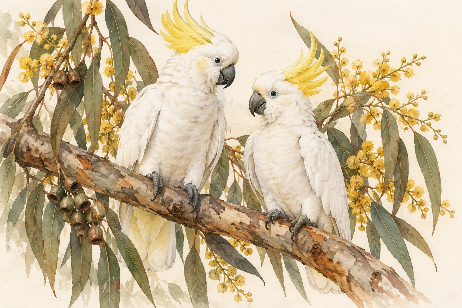 Two sulphur-crested cockatoos perched together on a eucalyptus branch