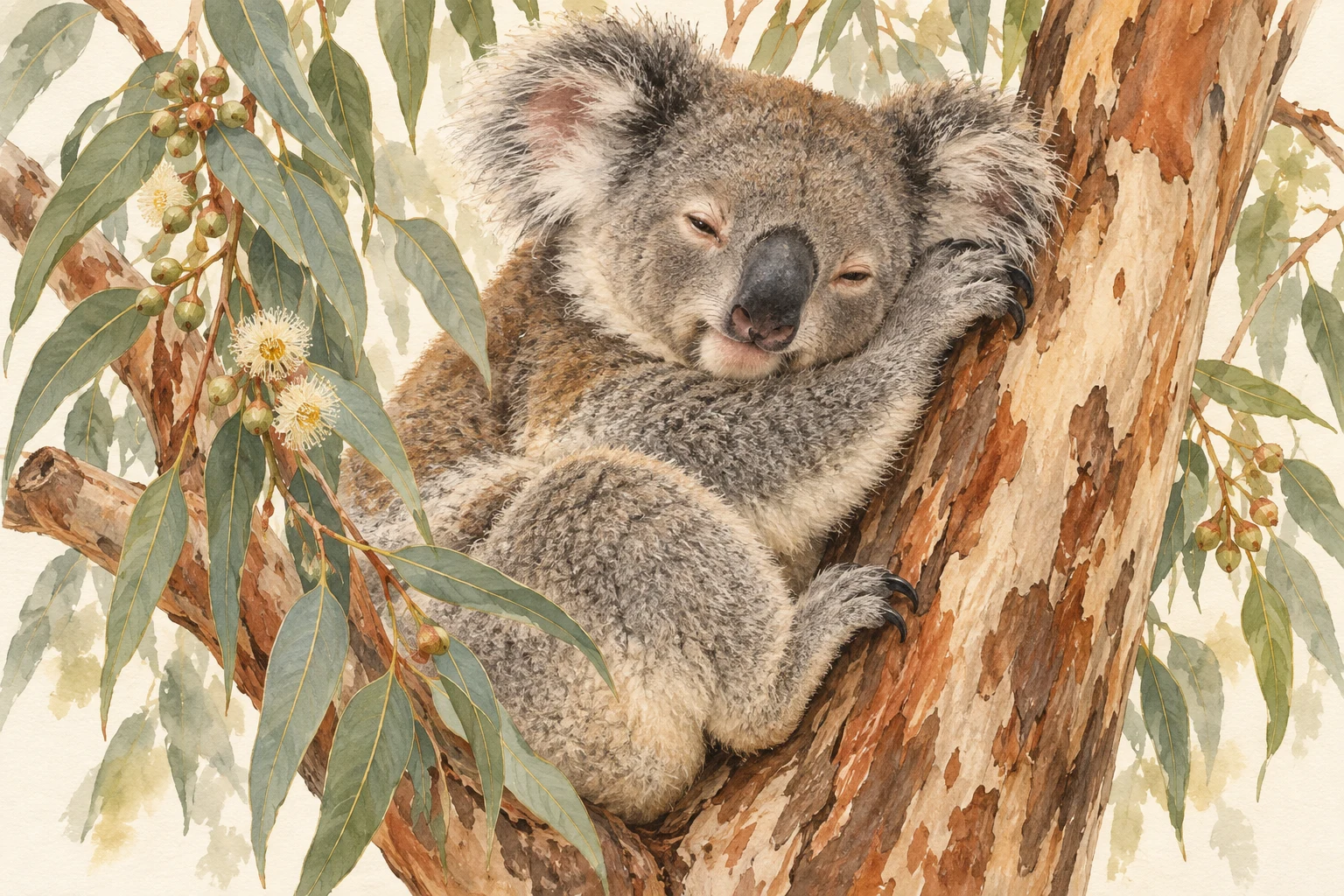 Watercolor koala resting among silver-green eucalyptus leaves