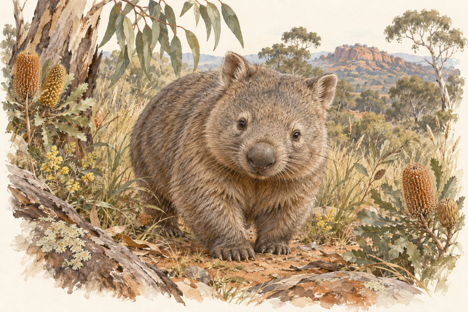 Watercolor wombat exploring Australian bushland among native grasses and banksia