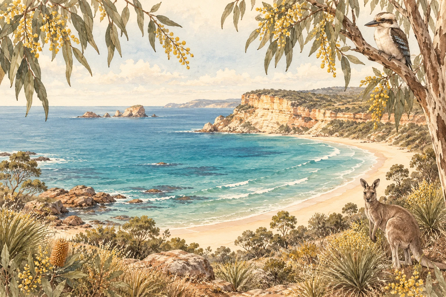 Watercolor Australian beach with a kookaburra, kangaroo, eucalyptus and golden wattle