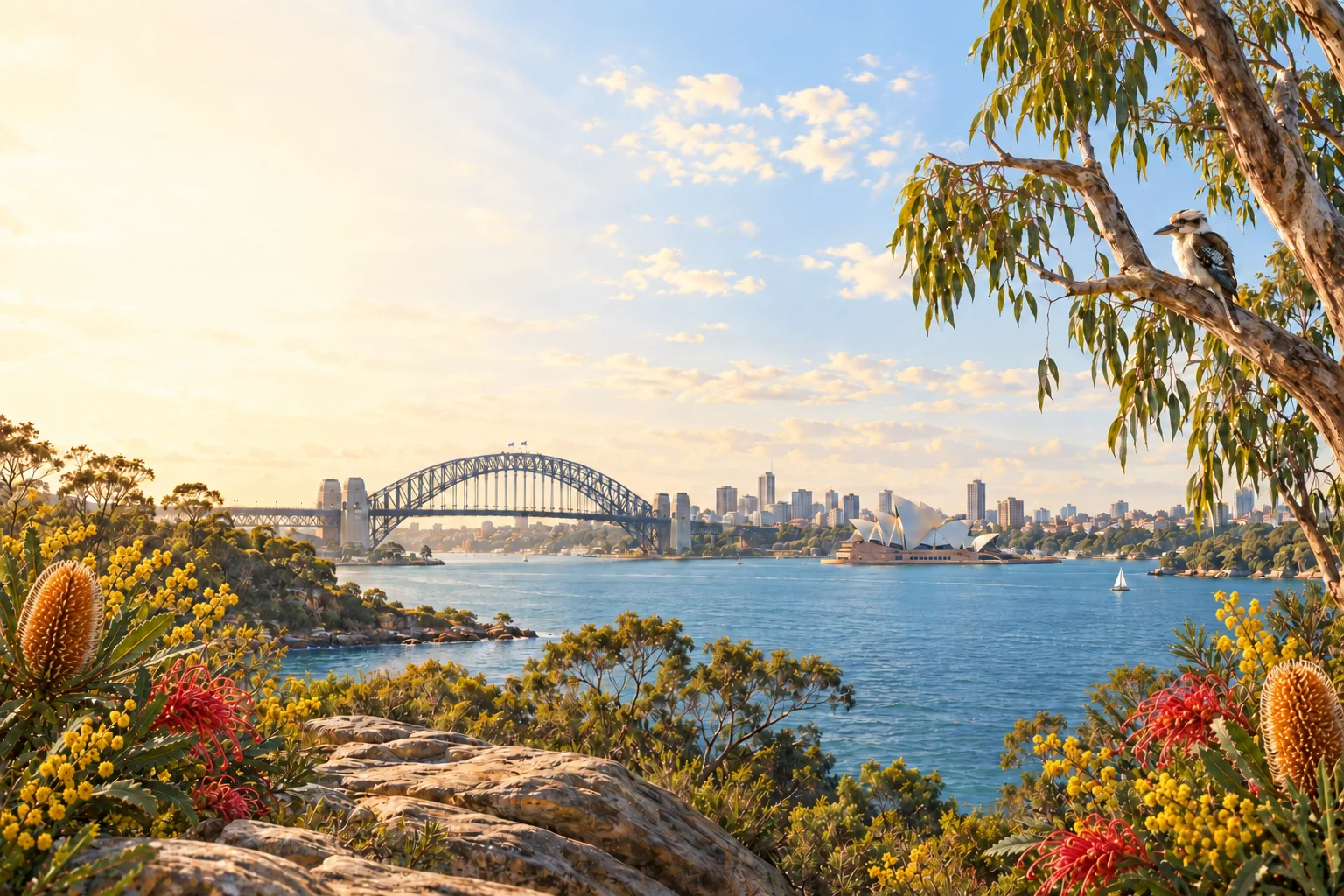 A warm Australian harbour scene with native foliage, bright sky and a welcoming sense of arrival