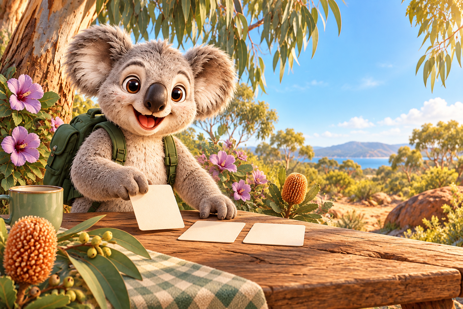 A friendly koala sitting among Australian native flowers