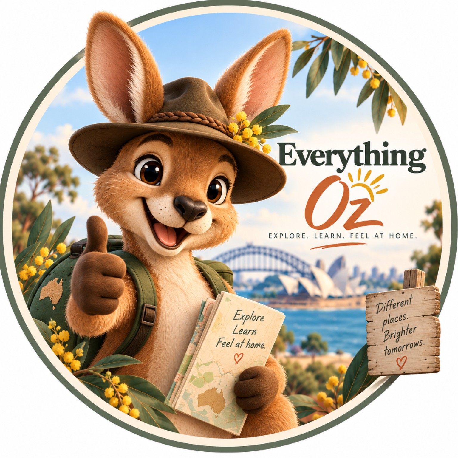 Ozzie, our smiling kangaroo mascot wearing a bush hat and backpack